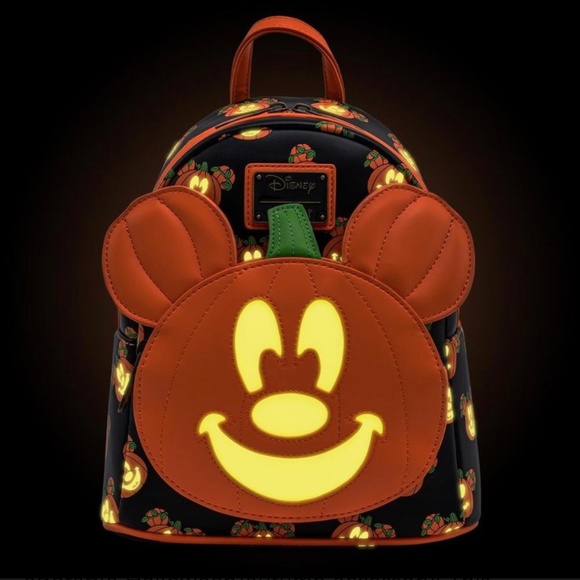 Loungefly Disney Mickey Mouse Pumpkin Glow in the Dark Mini Backpack and Ears‎